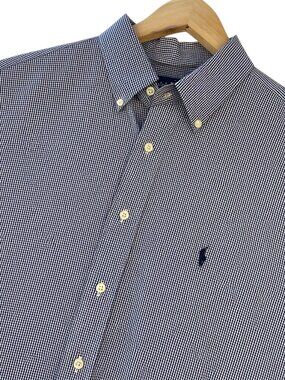 RALPH LAUREN Shirt Mens Yarmouth 17 32-33 Check Pattern Blue White Pony Logo